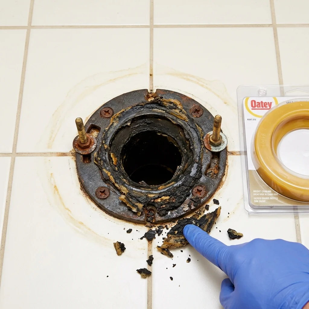 Failed wax ring showing water seepage at the base of a toilet in a Williamsburg, MA home