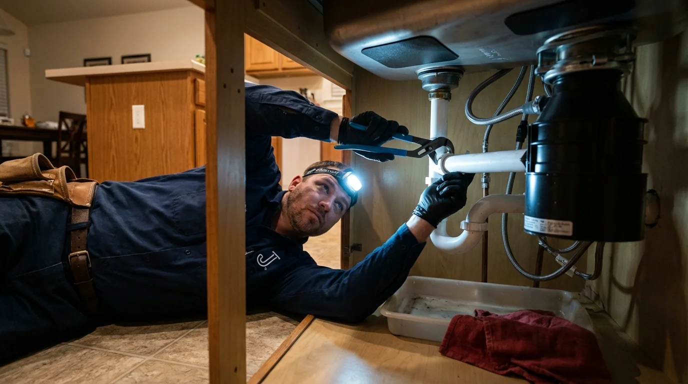 P-trap and supply line connections under a kitchen sink showing a common leak point in Williamsburg, MA